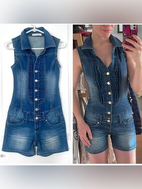 Vintage Y2K Denim Romper by Goodies Jeans Stretchy Buttoned Medium Wash